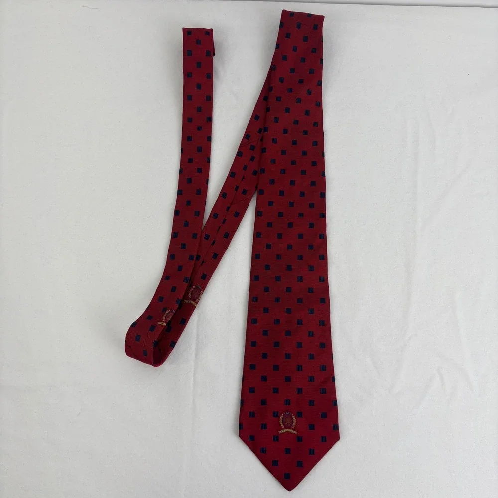Vintage Tommy Hilfiger Mens 100%‎ Silk Red Navy Dot Shield Necktie Made USA